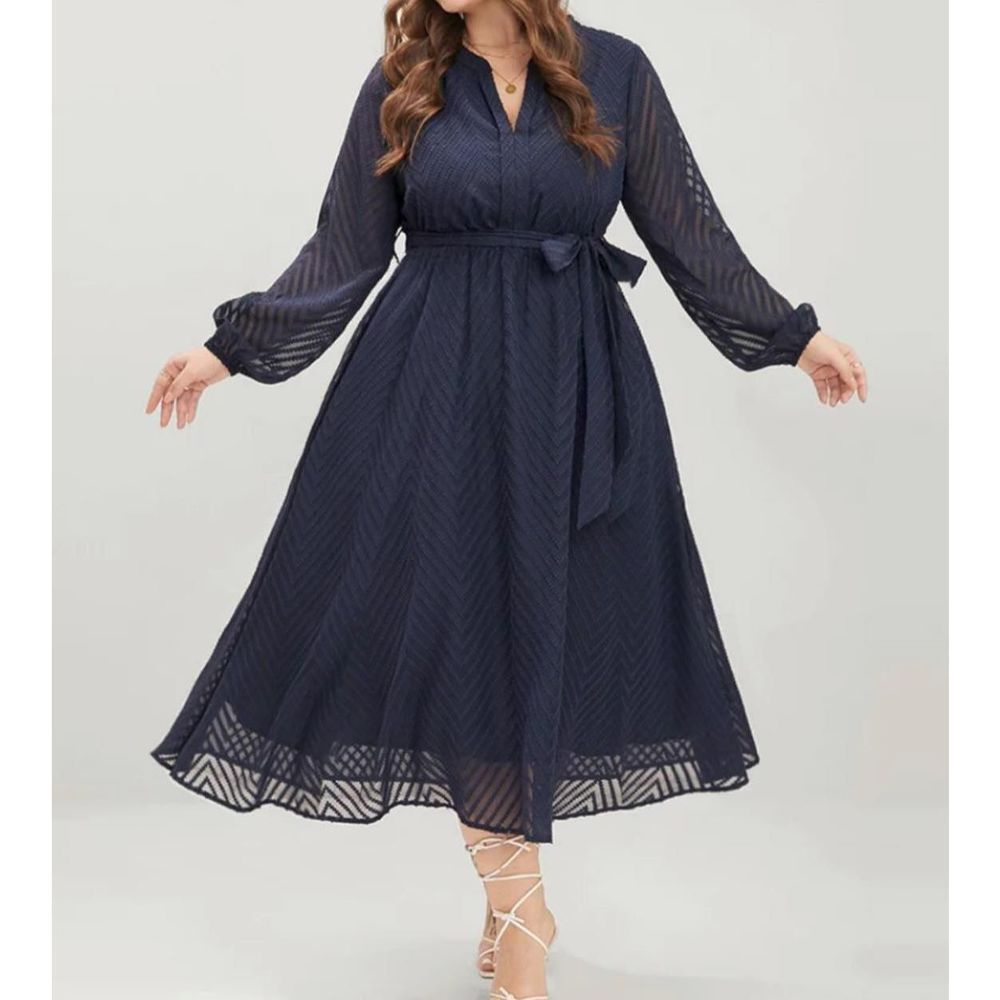 175 BLOOMCHIC Geometric pocket mesh lantern sleeve Maxi Dress NAVY 22-24/3X